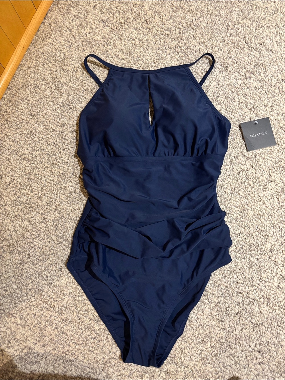 Ellen Tracy Dark Navy High-Neck One-Piece Swimsuit Size 14